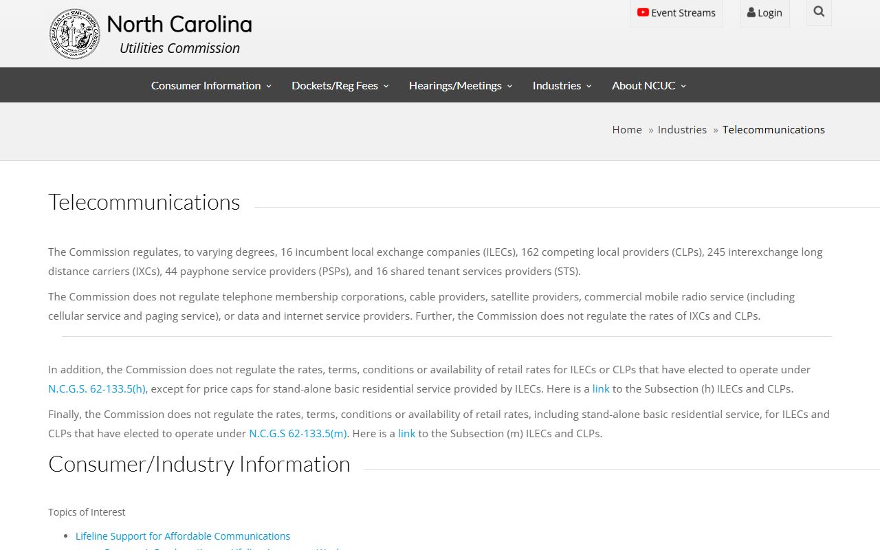 North Carolina Utilities Commission telecom page for area-code and telecommunications oversight