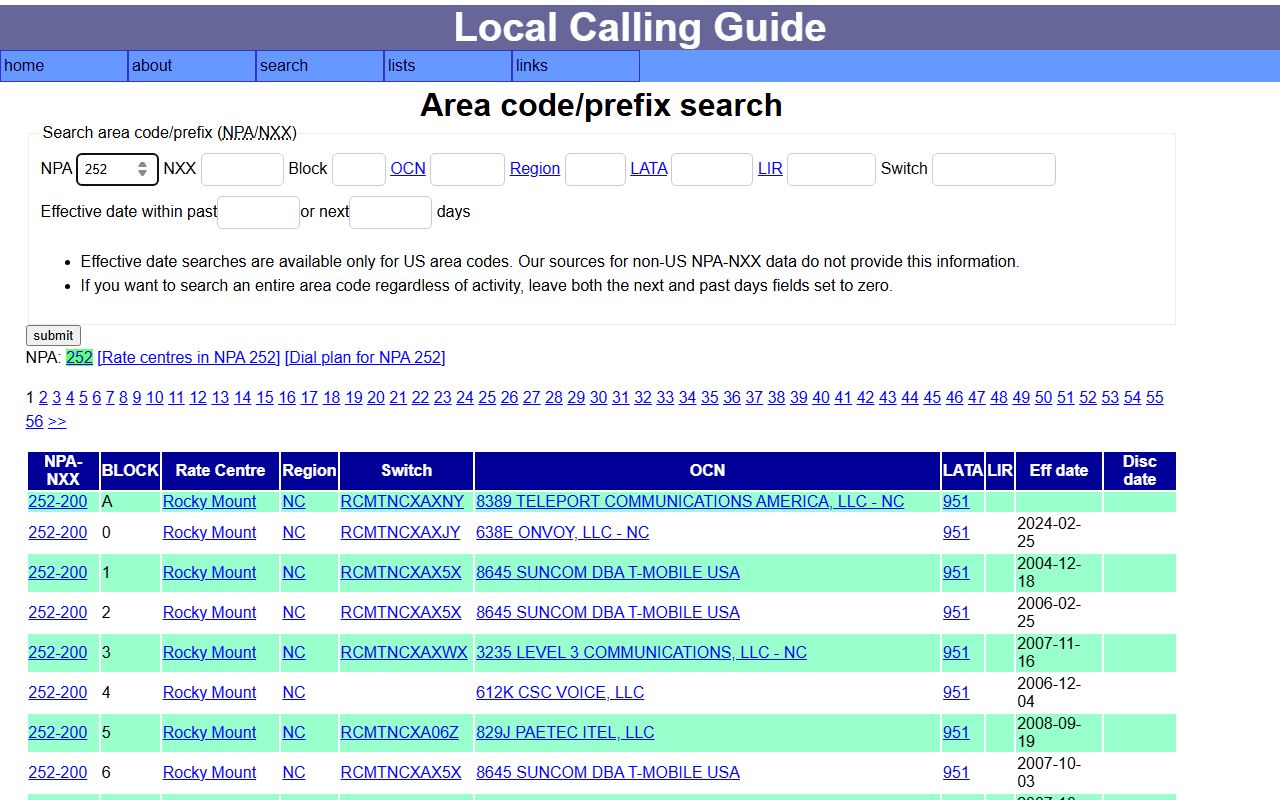 Local Calling Guide lookup for 252 NPA prefixes connected to Wilson rate-center research