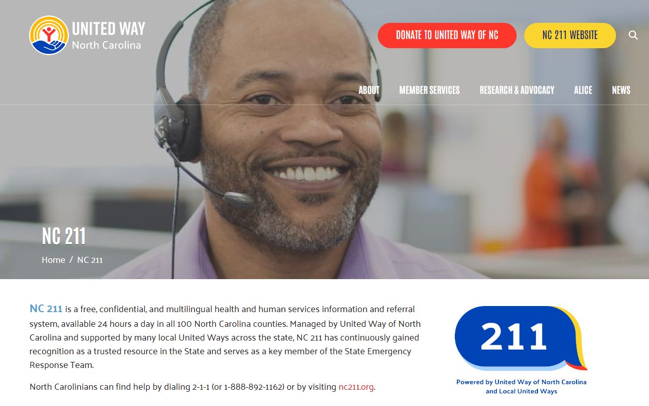 NC 211 statewide page showing referral phone codes for Wilson residents