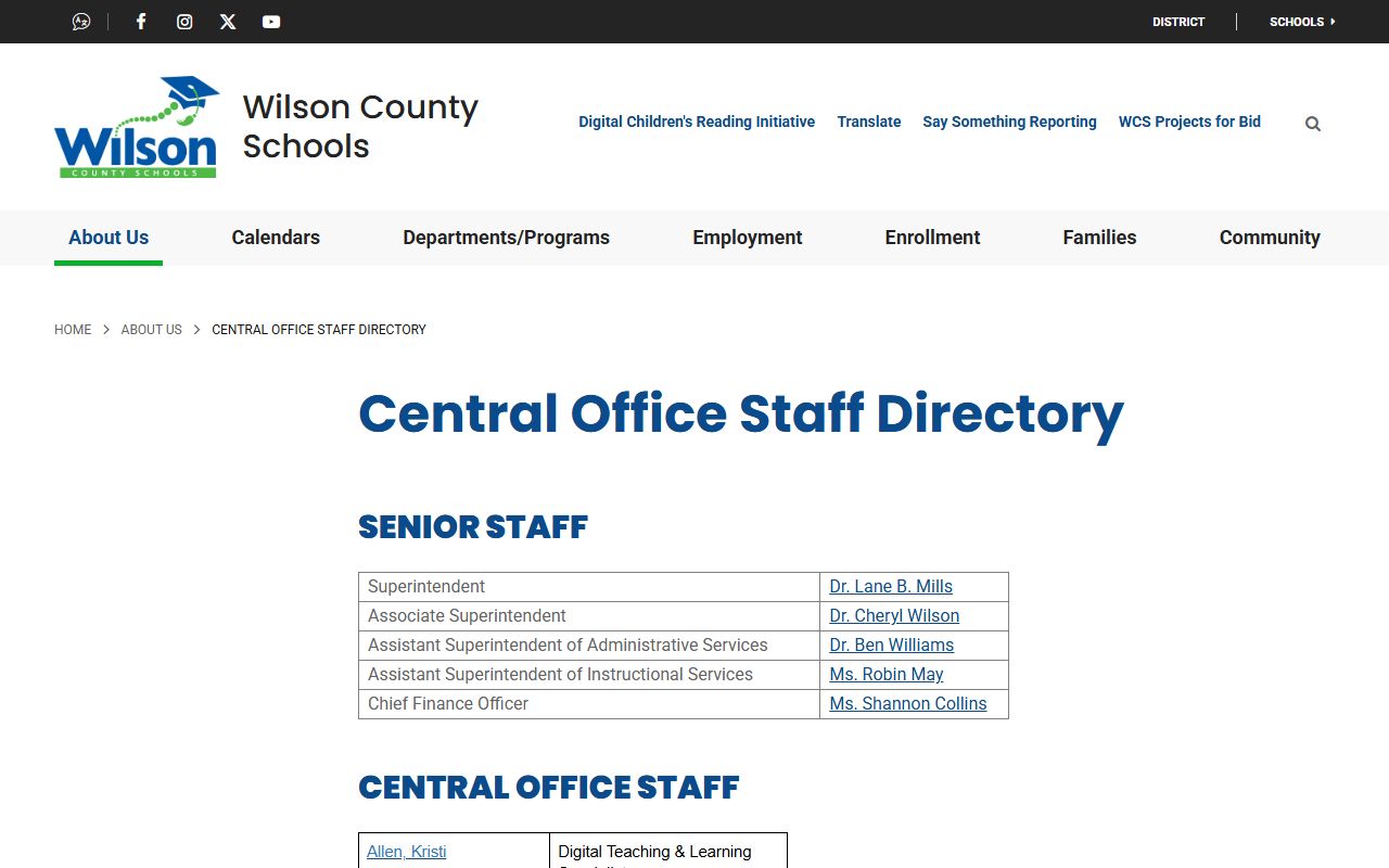Wilson phone directory Wilson County Schools central office staff directory